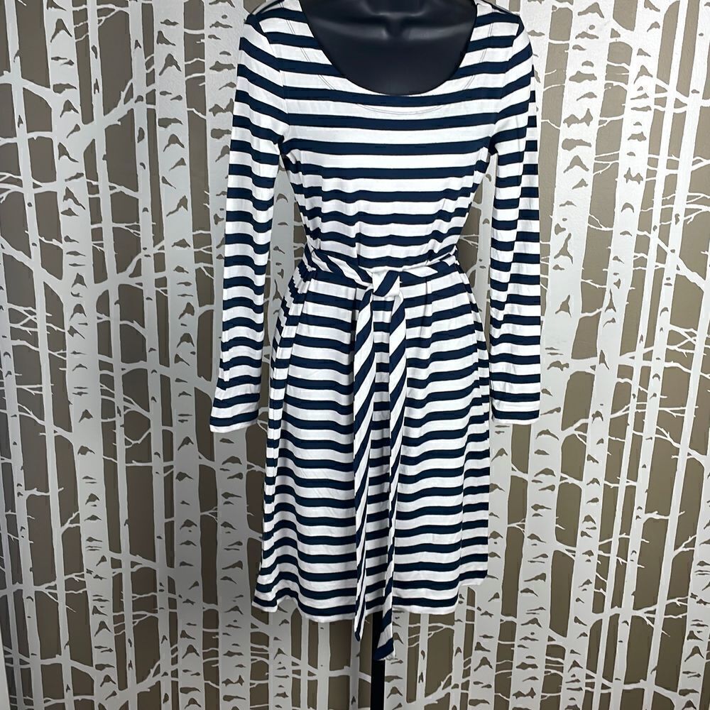 Banana Republic Navy Blue & White Striped Belted Long Sleeve Stretchy Dress sz